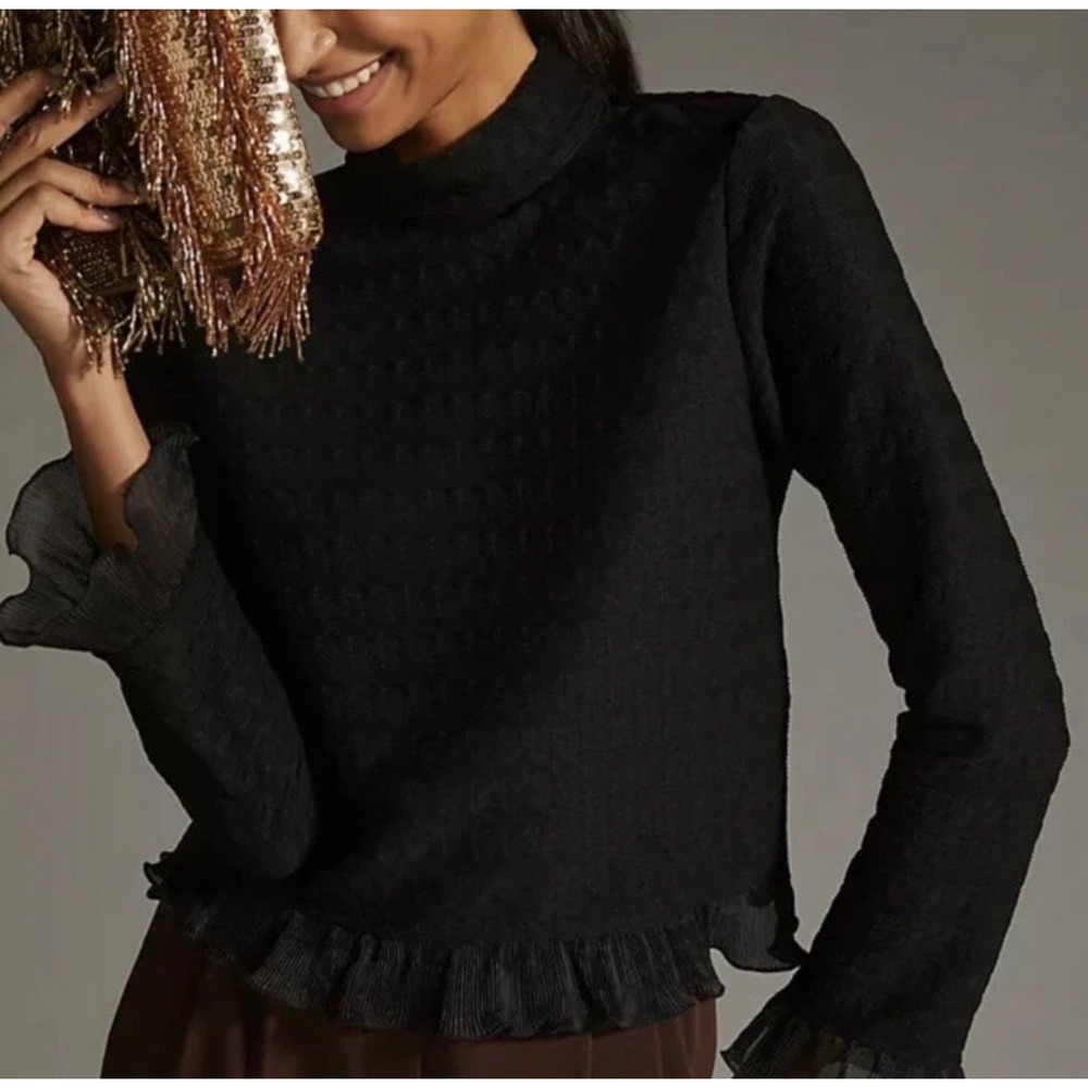 NWT*‎ Anthropologie Blue Tassel Black Textured Ruffled Turtleneck Top Mock Neck